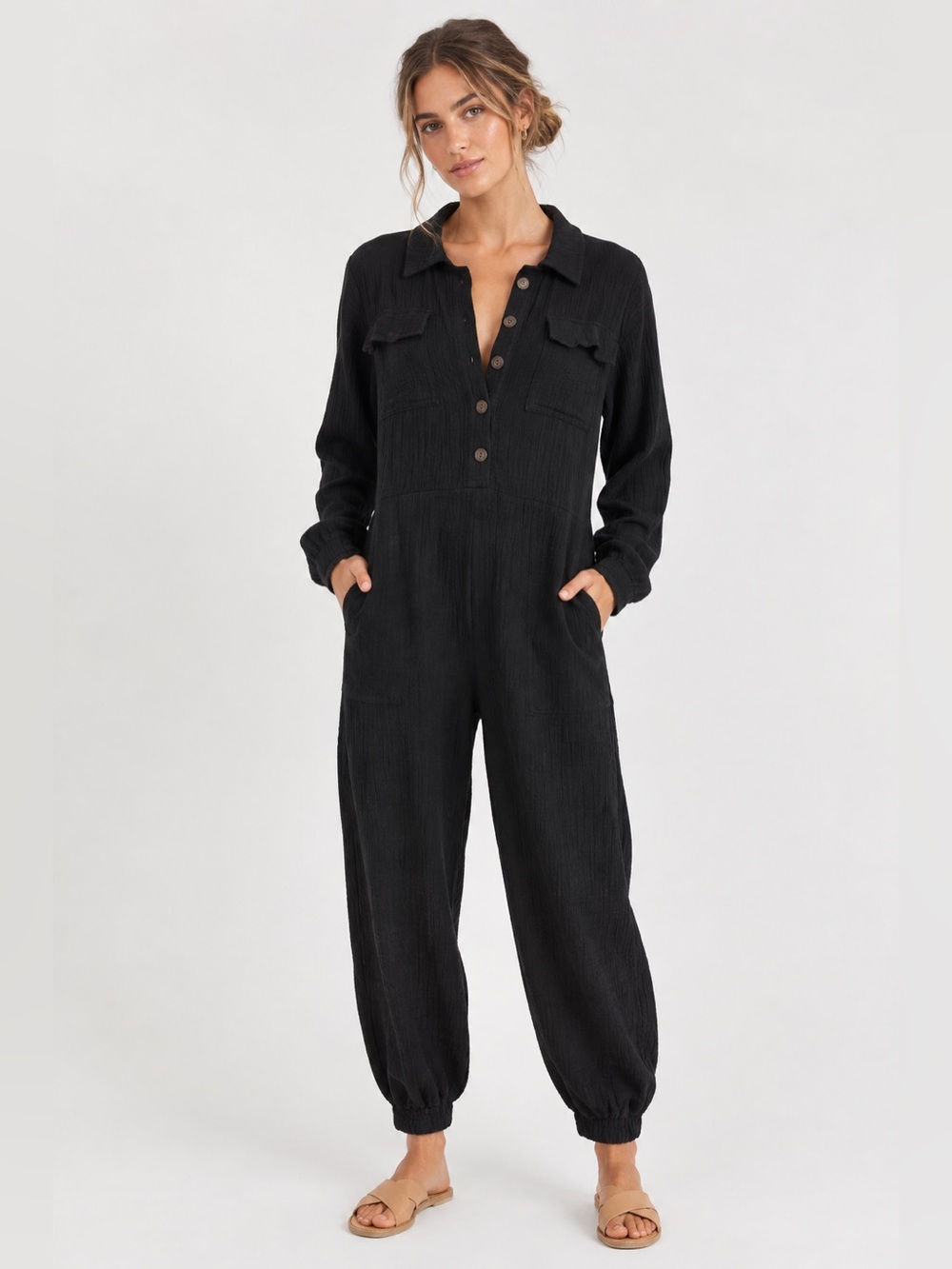 Free People ‘Calico’ Black Button Front Long Sleeve Jumpsuit with Pockets Comfy